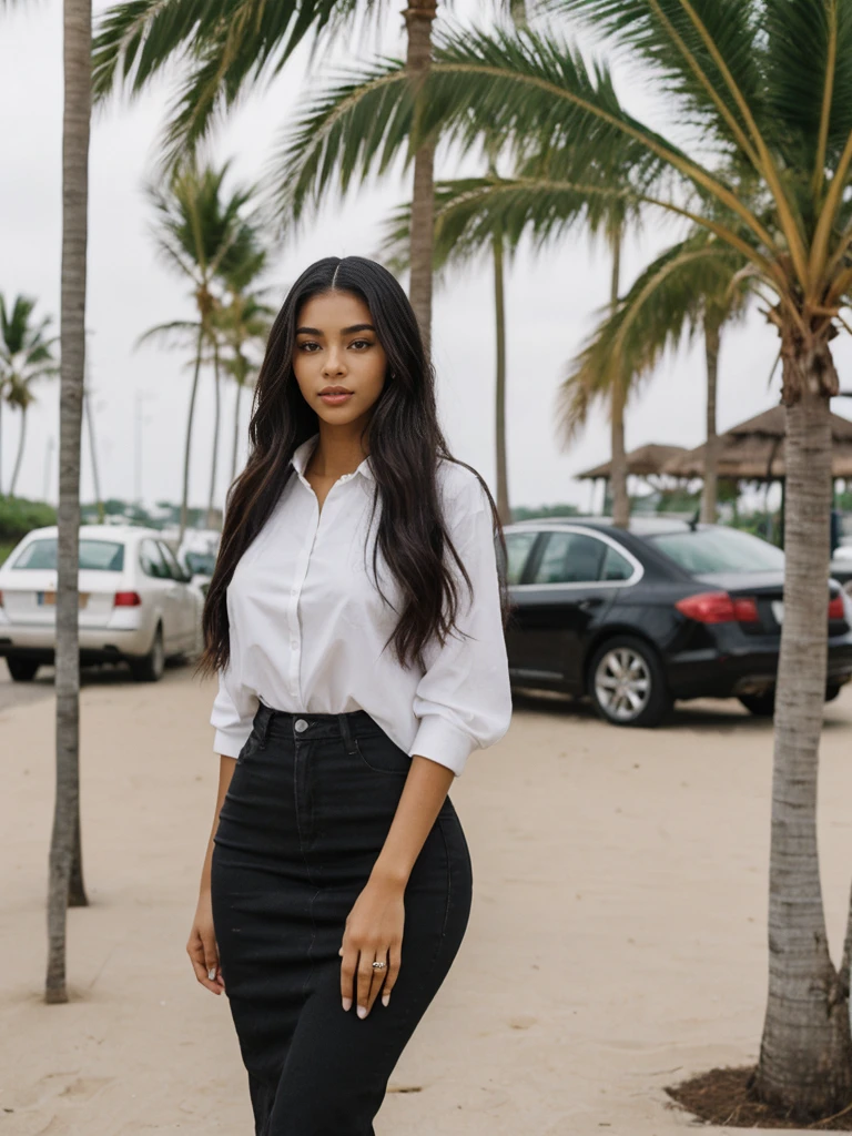 Madison Beer, her name is Jamila, high quality, 1girl, ((20-year-old fit black woman)), ((25 years old)), ((slim)), long hair, pose: standing, wearing stylish modest classy fashionable Generation-Z modern wear different colored, BACKGROUND: outside: beach cafe