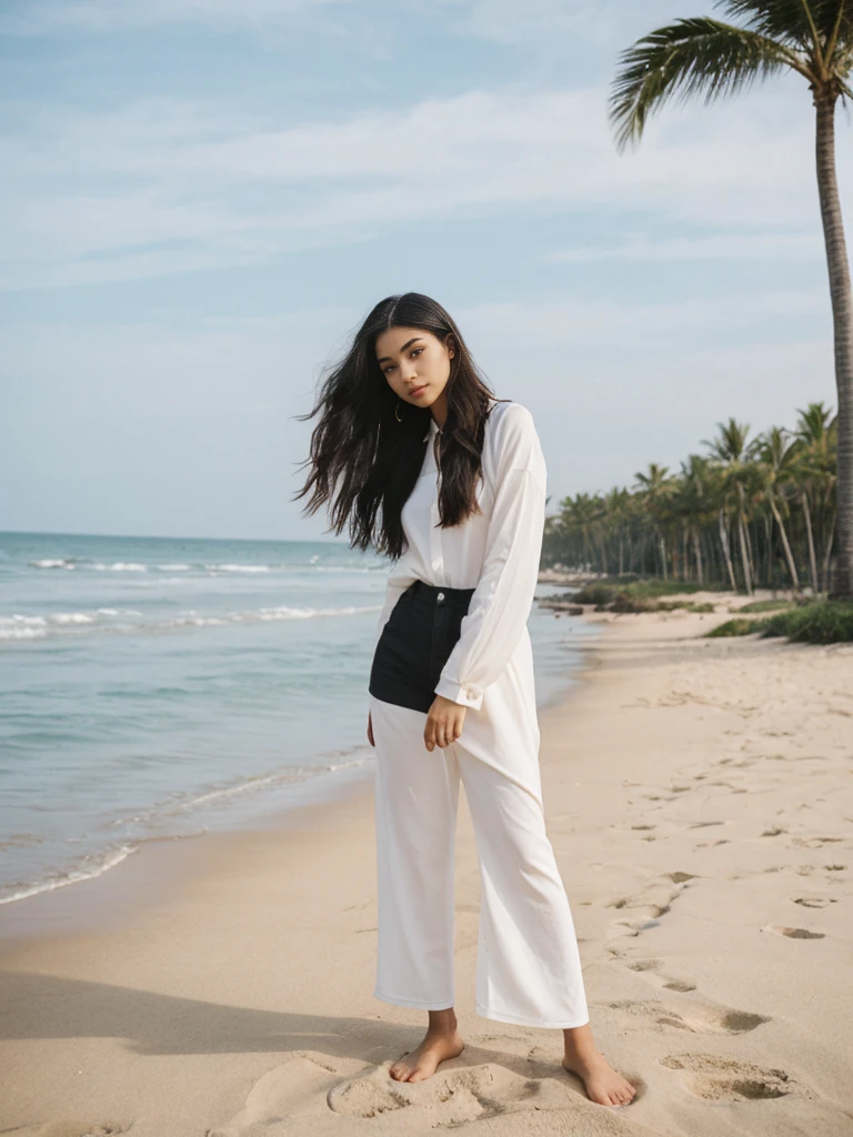 Madison Beer, her name is Jamila, high quality, 1girl, ((20-year-old fit black woman)), ((25 years old)), ((slim)), long hair, pose: standing, wearing stylish modest classy fashionable Generation-Z modern wear different colored, BACKGROUND: outside: beach cafe