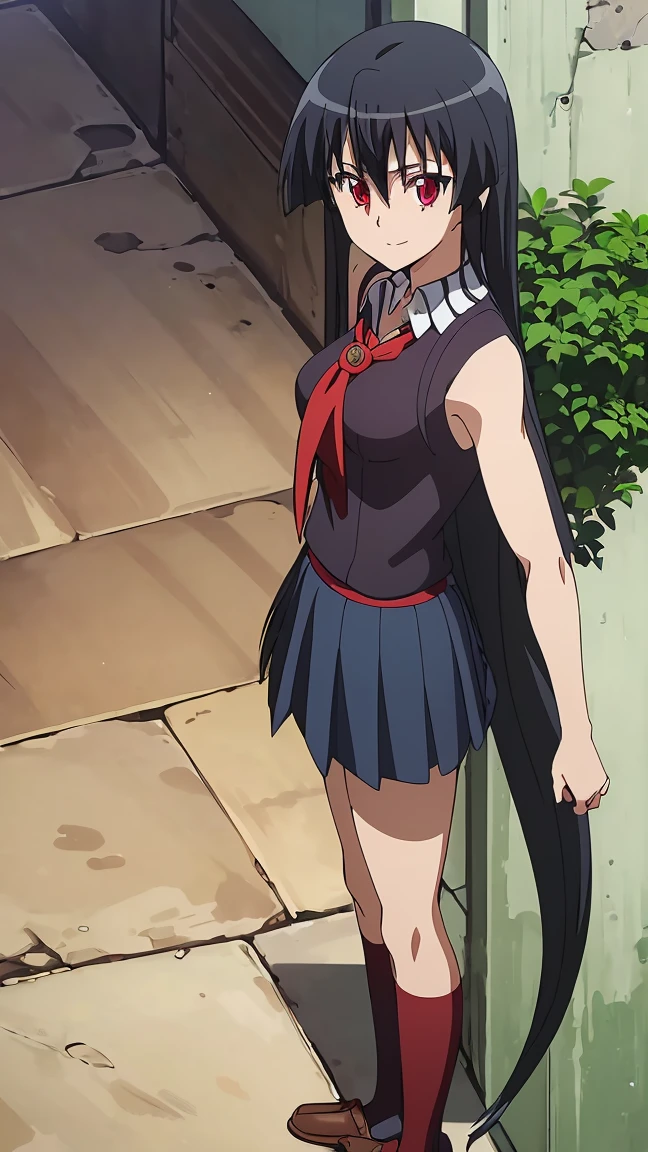 Master piece, best quality,(((1girl,solo))),full_body,akame,red_eyes,black_hair,(((very_long_hair))),cowboy_short,looking_at_me,smile_face,(school_uniform,skirt, serafuku, pleated skirt, neckerchief, short_sleeves, sailor_collar, blue_skirt,white_shirt, red_neckerchief, blue_socks, loafers),backgroud_school