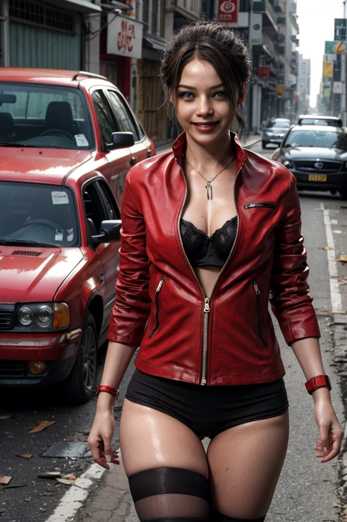 1girl, (realistic),(hyperrealism),(best quality),(masterpiece),(ultra high res),(photorealistic),idol,eye makeup,detailed eyes,detailed face, claireredfield2, brown hair, (red jacket:1.2), ponytail,, red wristband,, abandoned street, burning cars in background, littered street, smoke, chaos, zombie apocalypse, daytime, sunny,, looking at viewer, smiling, closeup shot,, sexy pose, seductive, flirting, sexy lingerie, sexy stockings, lingerie suspenders