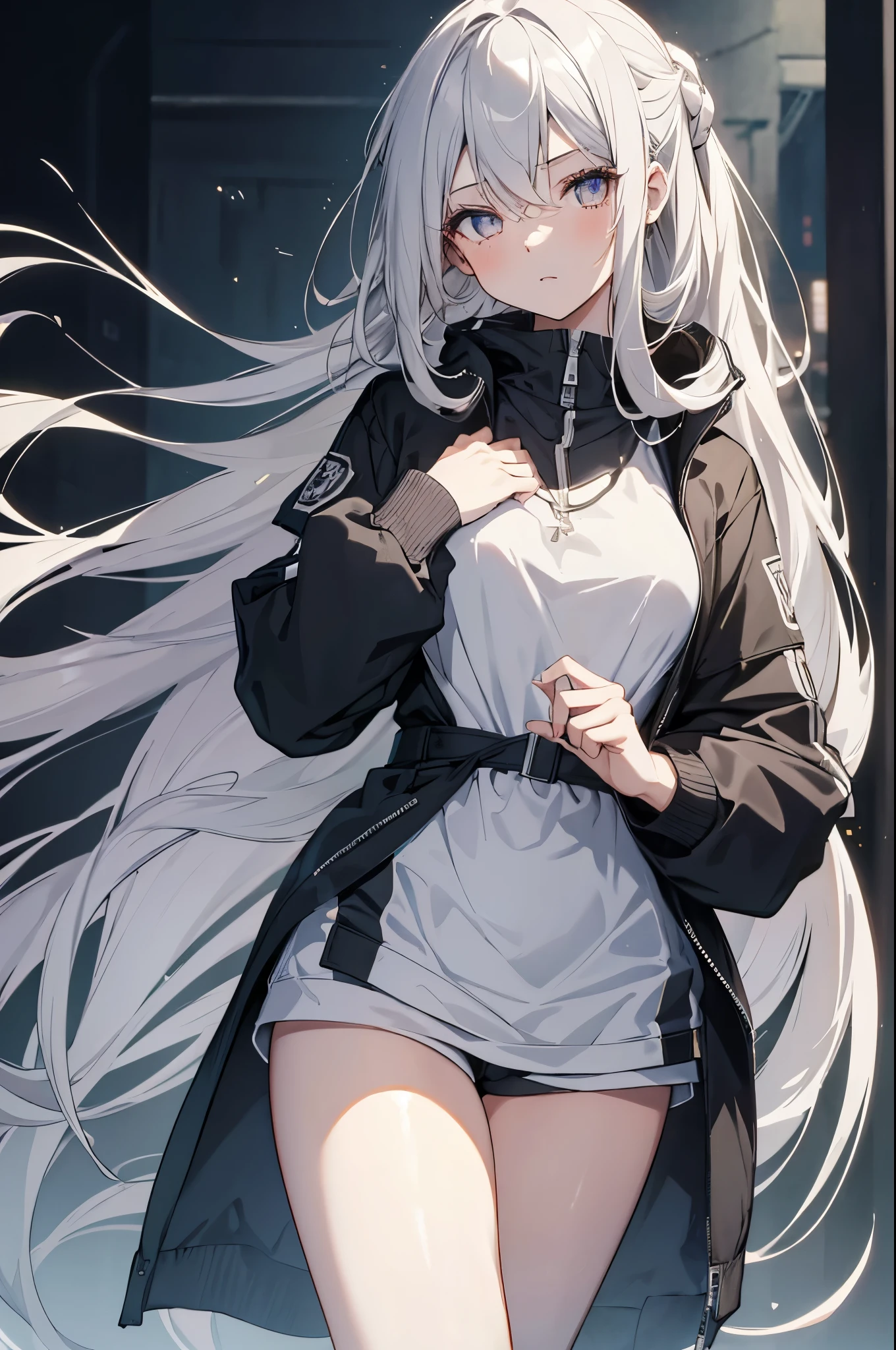 1girl, {Solitary}, Upper Body ,{{ {Watching at viewer}}}, Arms at your sides, Concept Art, white Background, simple Background, White hair, Silver gradient hair , Composite cloth, Asymmetrical clothes, Virtual YouTuber, best quality, masterpiece, Dynamic Angle, guilty gear, guilty gear, guilty gear, cowboy_shooting, Watching_Back, grab, girl,Miss,woman, young,20 years old, Very long hair, Hair Flip, Silver Hair, Flowing hair, Ahog, giggle, Beautiful and delicate golden eyes, teeth, Moderate_breast, Blonde eyes, White skin, hoodie, Black_shorts, Gray clothes, transparent_Background, Backlighting, absurd, high resolution, Extremely detailed,sweater,No pants
