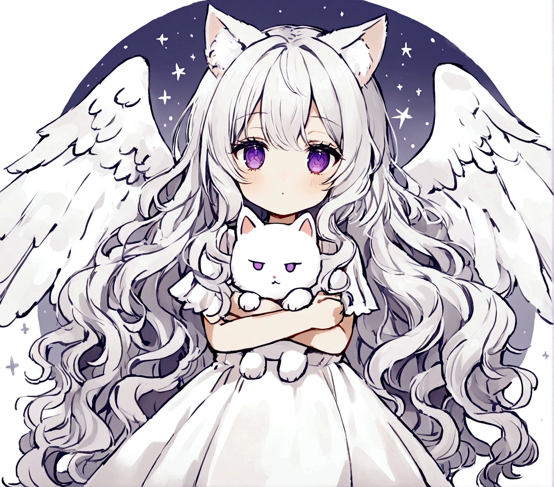 Wink,Long Wavy Hair,White hair is very attractive, Detailed and precise manual work, Attractive girl, White cat ears,Purple eyes and white eyelashes,light in your eyes,Big angel wings,Hugging the doll,delicate, A fluffy white dress like a cloud, Hand-drawn illustration,Broad background,