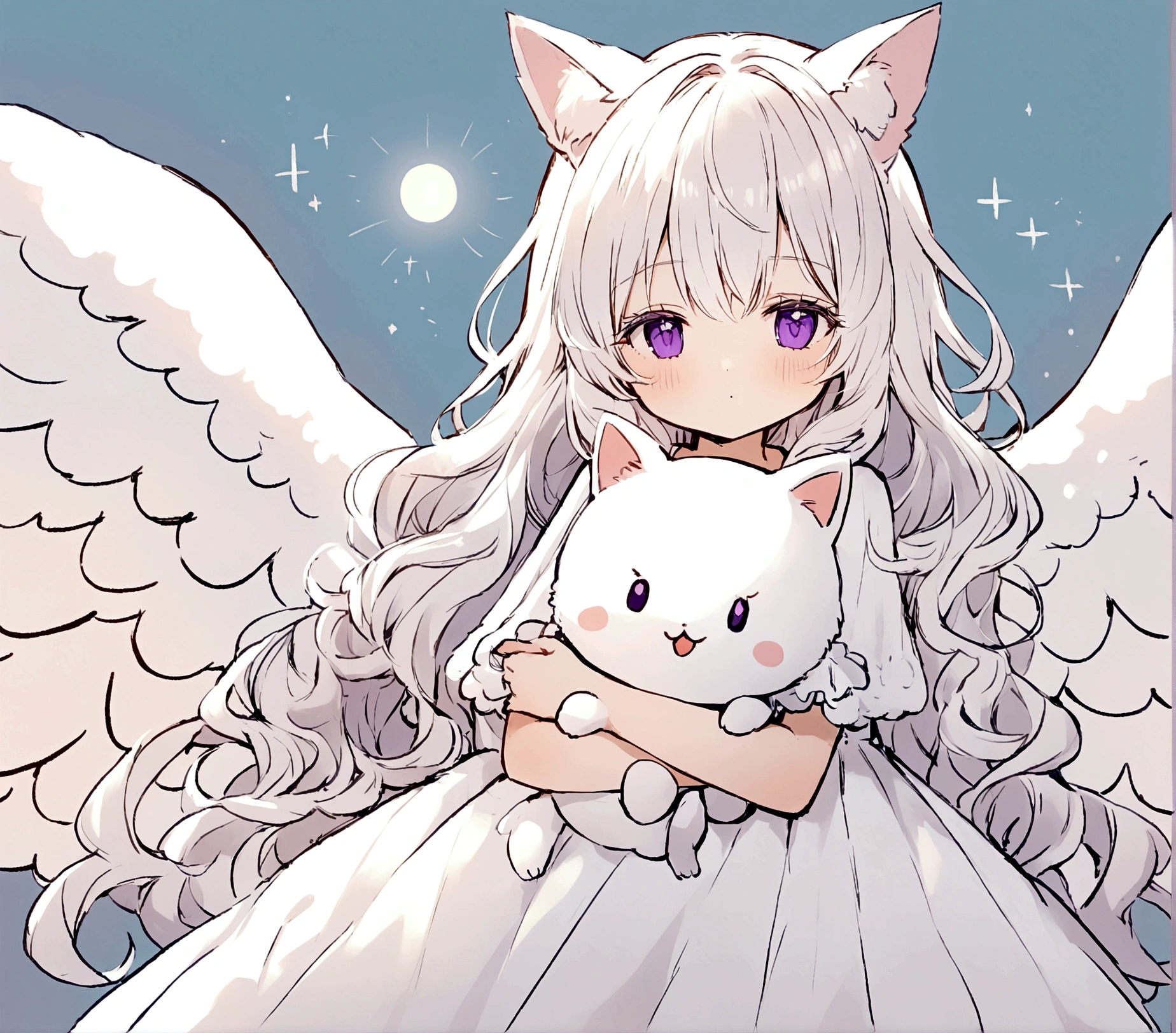Wink,Long Wavy Hair,White hair is very attractive, Detailed and precise manual work, Attractive girl, White cat ears,Purple eyes and white eyelashes,light in your eyes,Big angel wings,Hugging the doll,delicate, A fluffy white dress like a cloud, Hand-drawn illustration,Broad background,