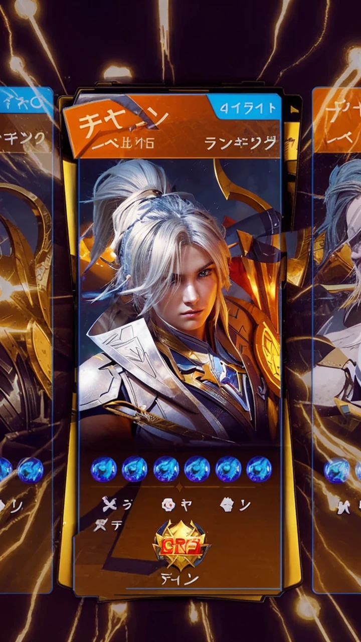 The image displays a character from a game, with a stylized depiction of a blonde-haired female warrior, likely a heroine or a prominent character, with an emblem on her chest, surrounded by various icons and numbers, suggesting in-game currency or points.