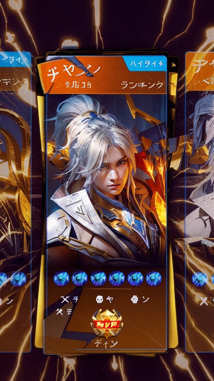 The image displays a character from a game, with a stylized depiction of a blonde-haired female warrior, likely a heroine or a prominent character, with an emblem on her chest, surrounded by various icons and numbers, suggesting in-game currency or points.