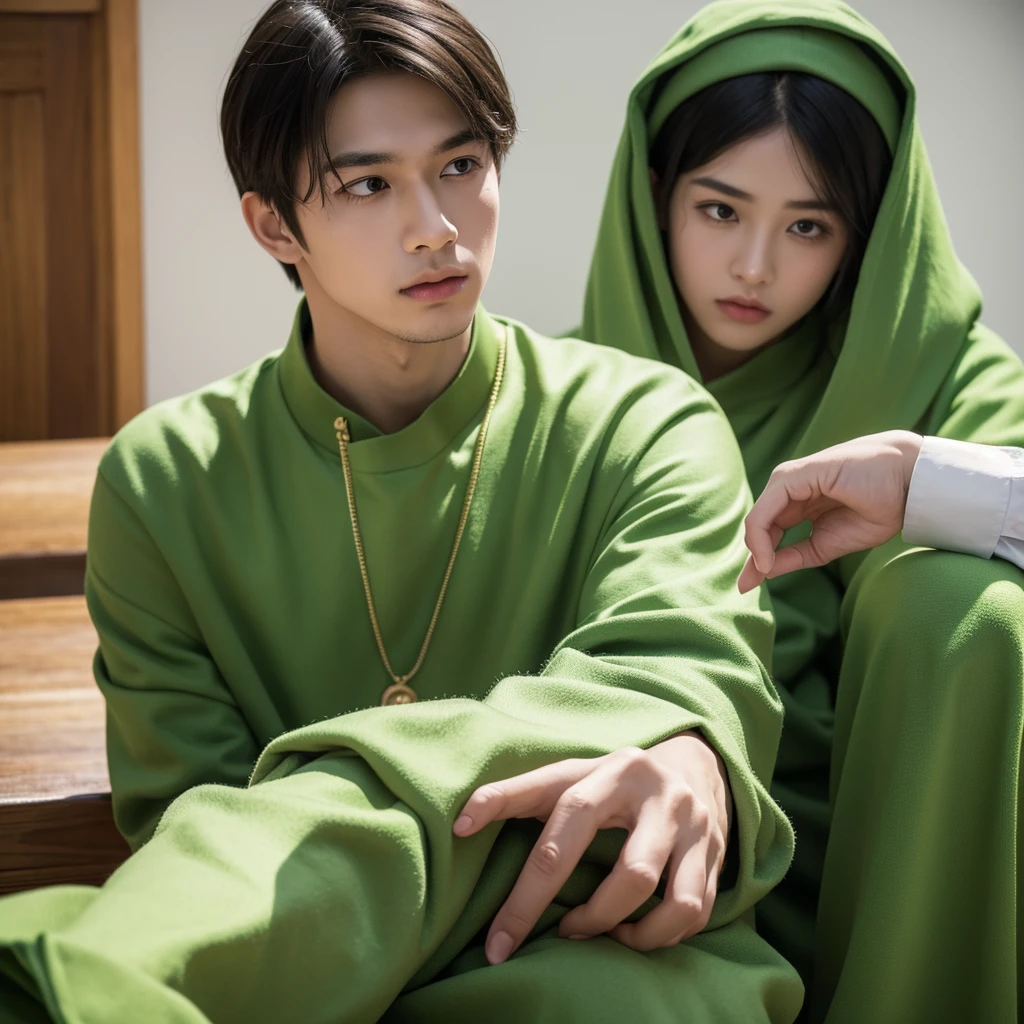 Create an image depicting a young man dressed in green clothing who exhibits excessive concern and consideration in his everyday life. Show him in various daily situations where he demonstrates heightened attentiveness and care towards others. Capture realistic expressions and gestures that convey his thoughtful and empathetic nature. Set the scenes in typical daily environments to emphasize the relatability and realism of his actions. Ensure the composition portrays his genuine kindness and attentive demeanor convincingly.