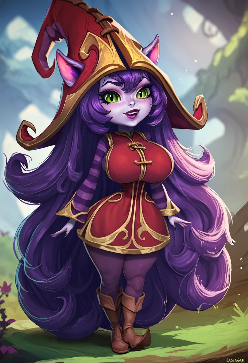 1girl, solo, masterpiece, best quality, detailed, narrow waist, wide hips, huge breasts, huge ass, score_9, score_8_up, score_7_up, LuluLoLXL, yordle, tall female, green eyes, purple hair, very long hair, sidelocks, bangs, animal ears, purple skin, colored skin, witch hat, ears through headwear, red dress, purple striped sleeves, purple pantyhose, boots,