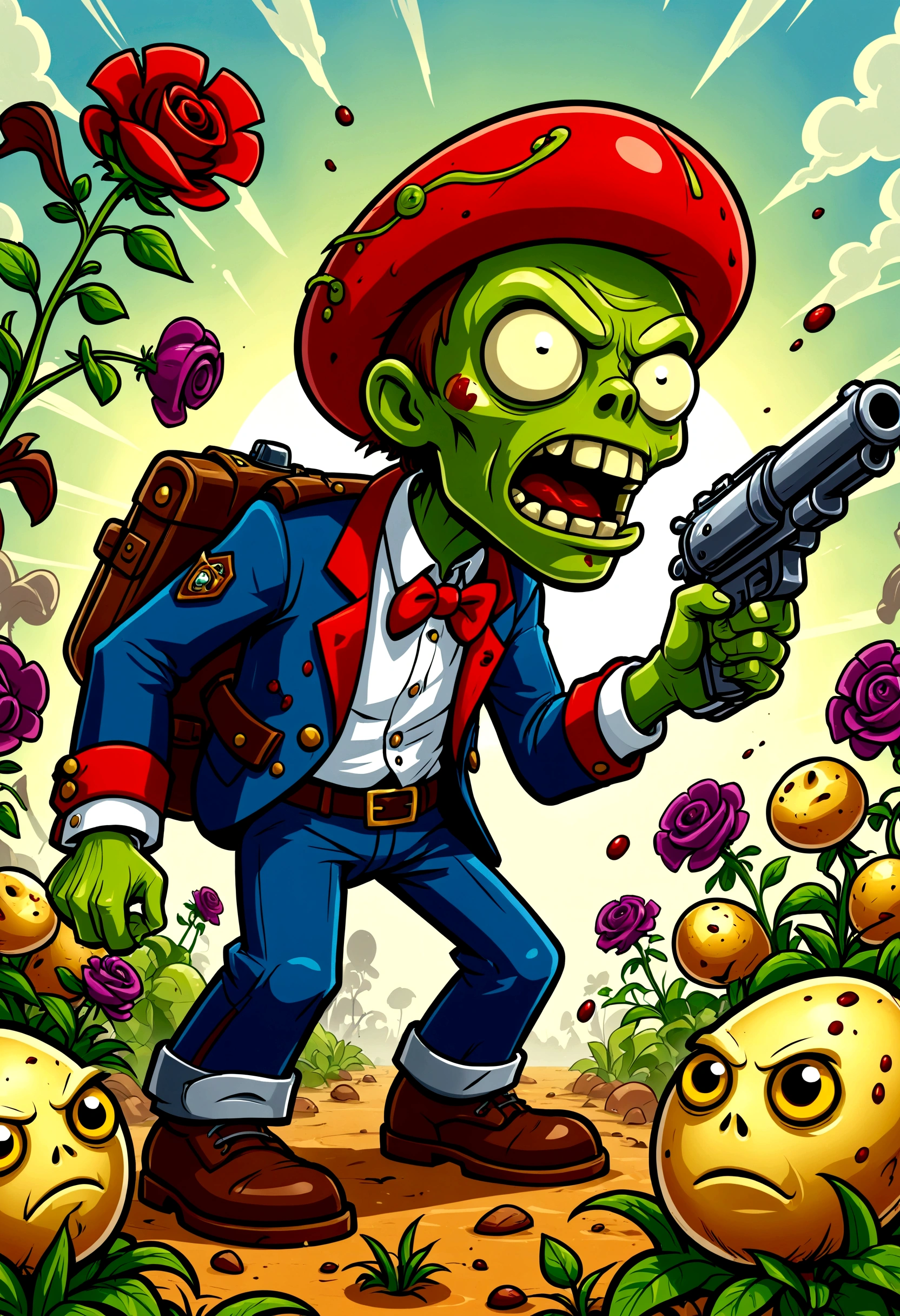 Plants vs. Zombies,Defense War Game,fear,bloody,Old,Zombies,Violence,Peashooter,Potato Mine,Exaggerated art illustration,