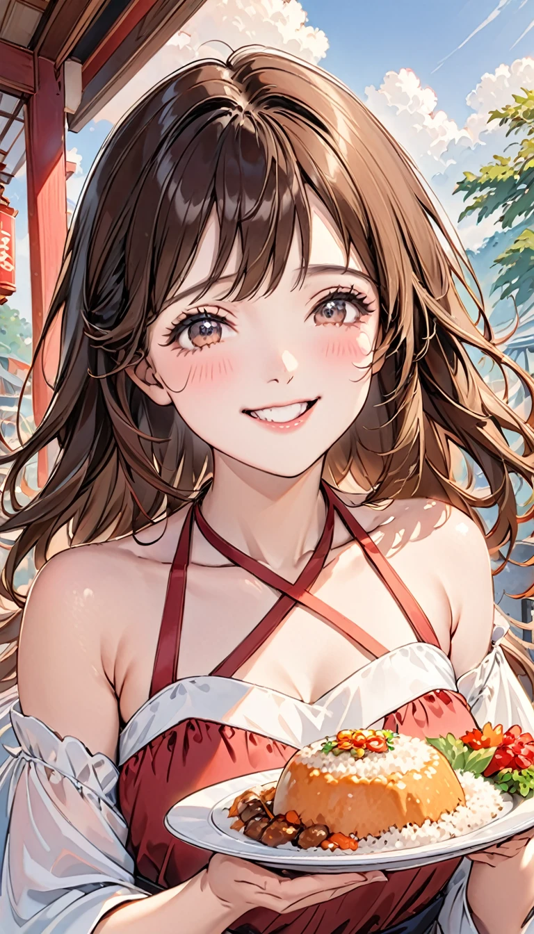Brown long hair,1 girl,Halter neck dress,Flowing skirt(rice)Holding the plate with both hands,Delicious food on the plate,Upper Body,Facing the camera,a happy expression,Joyful atmosphere,Close-up of face,HD face,high quality,Open-air restaurant,