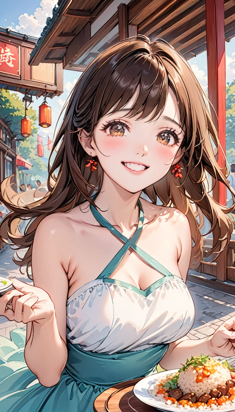 Brown long hair,1 girl,Halter neck dress,Flowing skirt(rice)Holding the plate with both hands,Delicious food on the plate,Upper Body,Facing the camera,a happy expression,Joyful atmosphere,Close-up of face,HD face,high quality,Open-air restaurant,