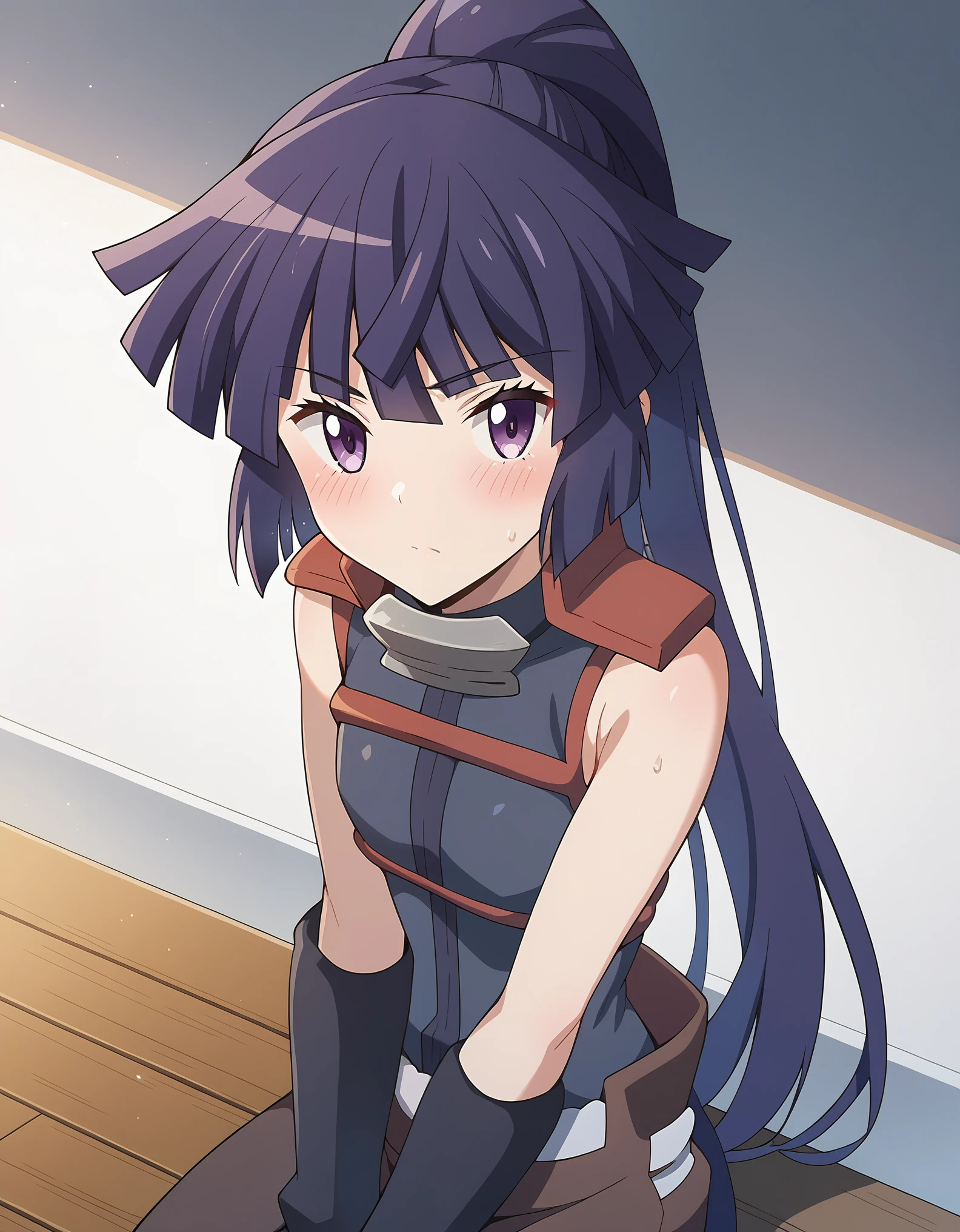 score_9, score_8_up, score_7_up, lhakatsuki, ponytail, flat chest, assassin clothes, sitting, blush, looking at viewer
