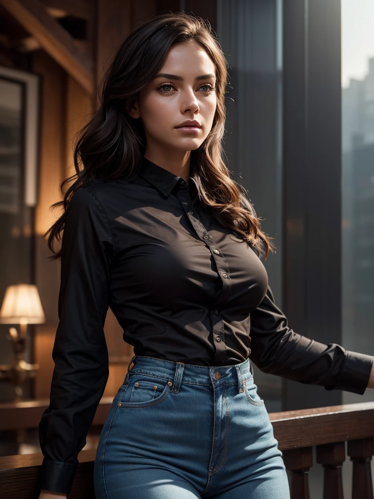 Professional Whole Body Photo, (Photo 4k:1.1) by (Jeremy Lipking:0.3), (Dittmann Anna:0.3), (Cecile:0.3), (Sharp focus:1.3), High detail, Mixed, Sexy black shirt, jeans, waterfall, Medium and brown hair, Instagram pattern pose, confident, slim girl, small breasts:1.2, perfect anatomy, perfect symmetry:1.2, realistic, realistic face:1.2, perfect face, content, confident, highly detailed, and dramatic, cinematic lighting, lighting scene, soft lights