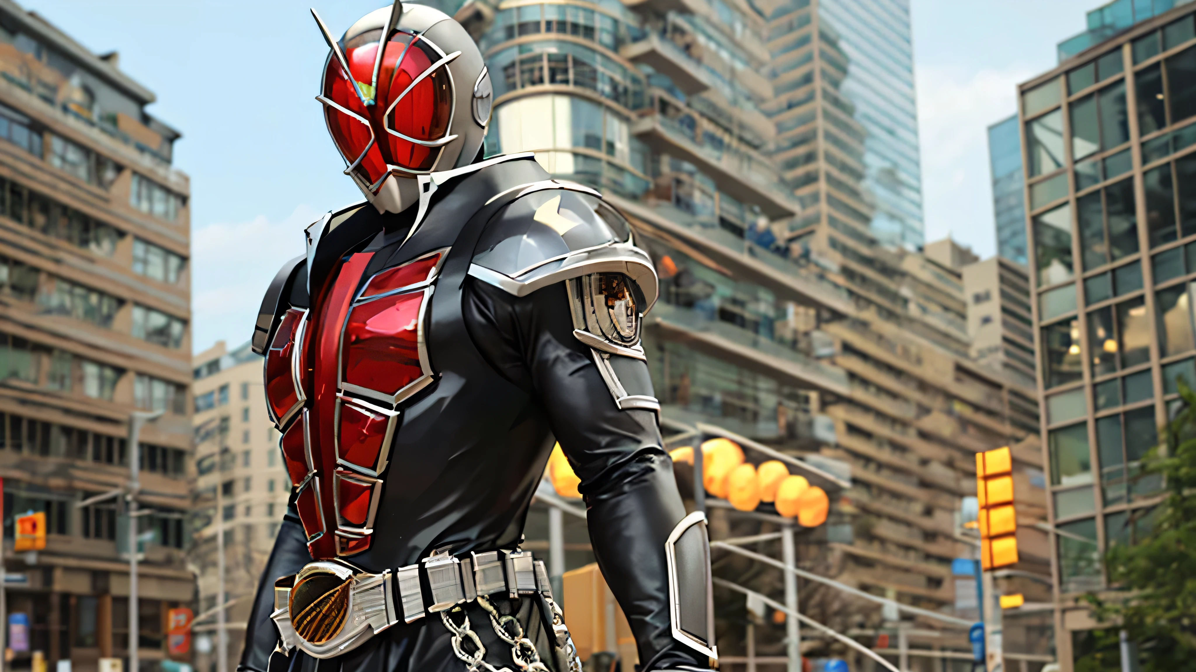 kamen rider wizard。(1 character:2.0), Fully sealed helmet, Composite Layered Chest Plate, Fully covered shoulder and hand guards, The overall design is sturdy yet flexible, ((The armor emits a red light, Accented with black and green accents)), Gives off a noble aura, He is in the city of the future., This character embodies a hero dressed in fantasy-style armor crafted in an anime style.、Night City、Beautiful City、explosion、inflammation ( Realistic:1.4, Realistic textured materials:1.2, Professional photos, cinematic), ((City night view, element, energy,)), metallic, High resolution, Highest quality, High resolution, Super detailed, Ultra-fine painting, Very delicate, Anatomically correct, Symmetrical face, Highly detailed eyes and face, High quality eyes, creativity, RAW Photos, 超High resolution, 32k, Natural light, cinematic lighting, masterpiece-anatomy-perfect, masterpiece:1.5、Realistic, Highest quality, masterpiece, difficult_suit, A street with towering skyscrapers,Neon Light, Holographic Projection, Steampunk element, Concept art by Syd Mead, cyber punk, Digital Painting, Futuristic cityscape, Vibrant, Neon color, Holographic Projection, Intricate details, High resolution, detailed、Cloak-style waist wrap、Fluttering in the wind、magic circle、Fire Inflammation Magic、Extend your arms to the sides、Red Ring、Yellow forehead、Palm design belt buckle、