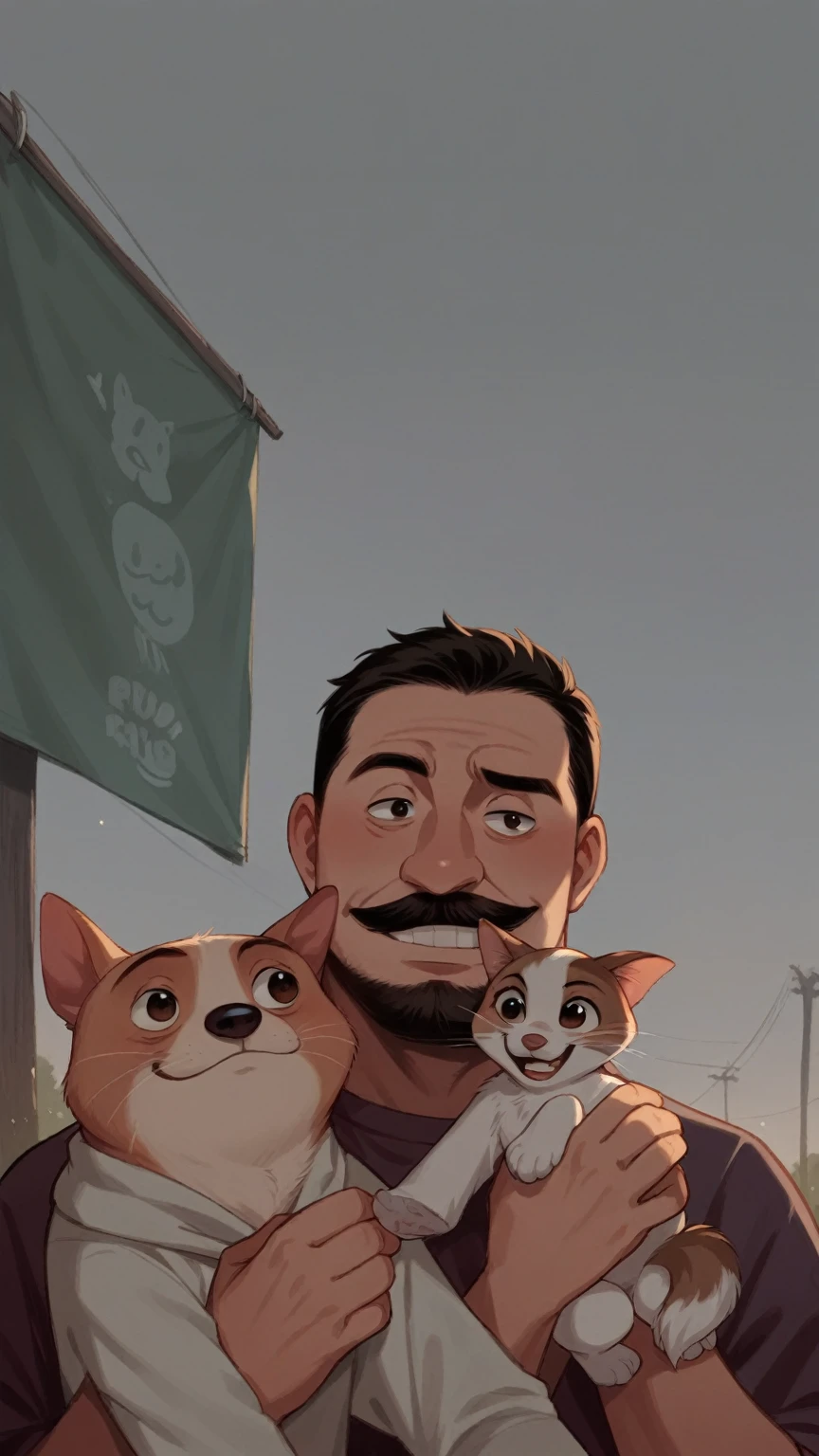 A disney pixar movie poster featuring a teenage character with a short beard and mustache, happy and cute. wearing clothes, Grinning, in one arm holding a Shintzu dog and in the other holding a cat with different colors. Under a blue sky, full of stars outdoors ( the image is cute and so are the characters