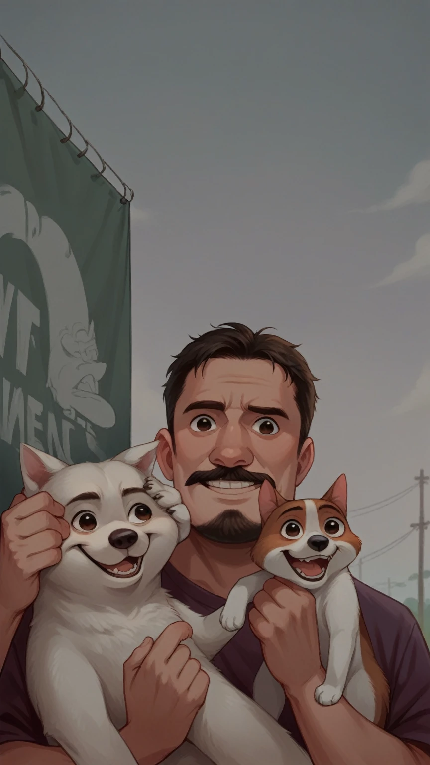 A disney pixar movie poster featuring a age character with a short beard and mustache, happy and cute. wearing clothes, Grinning, in one arm holding a Shintzu dog and in the other holding a cat with different colors. Under a blue sky, full of stars outdoors ( the image is cute and so are the characters