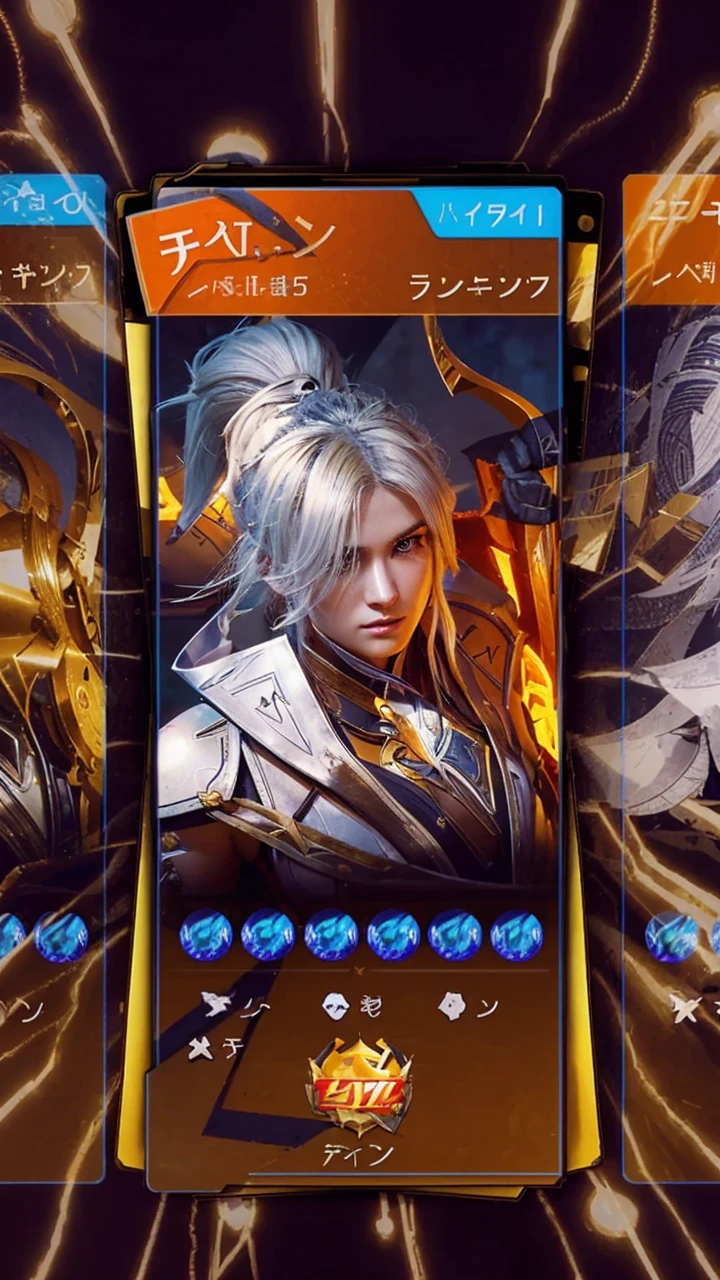 The image displays a character from a game, with a stylized depiction of a blonde-haired female warrior, likely a heroine or a prominent character, with an emblem on her chest, surrounded by various icons and numbers, suggesting in-game currency or points.