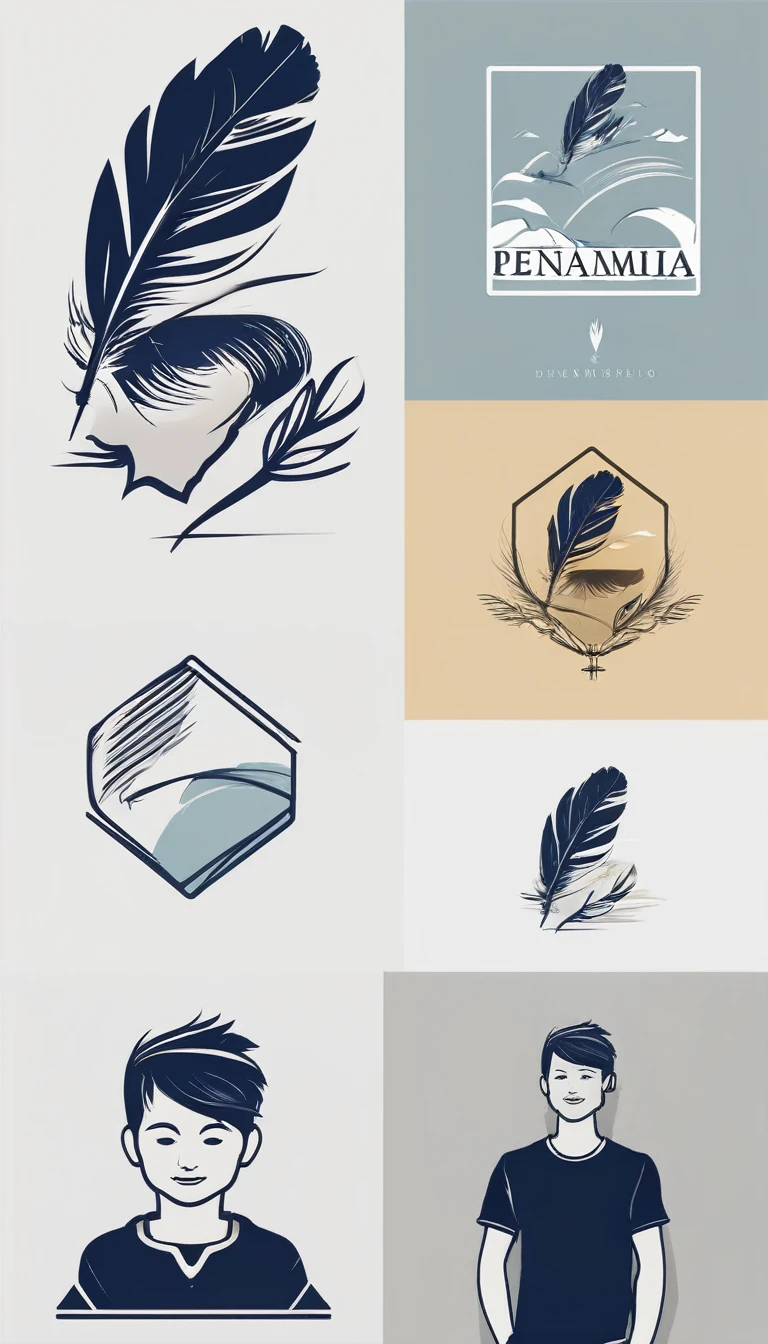 Create a minimal, modern, simple, inspirational, memorable, dream like icon design of a boy and a feather for the brand“Penamemoria".