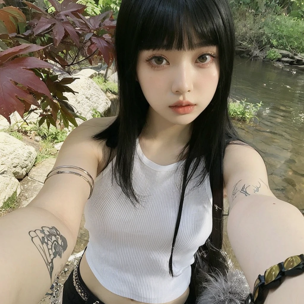 Korean ulzzang girl with long black hair with bangs. Wears a white crop top and black pants. Beautiful ulzzang girl with gothic style, soft face and pale skin.