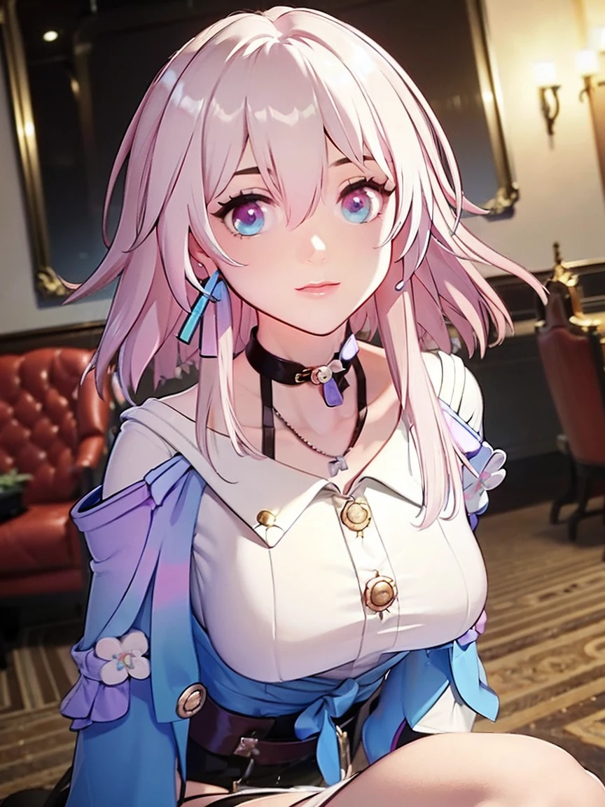 (masterpiece), best quality, Expressive eyes, Perfect face, 1 girl, solitary, March 7, blue eyes, Hair between the eyes, Medium Length Hair, Pink Eyes, Pink Hair, Two-Tone eyes,  badge, Bare legs, black necklace,  button badge,  necklace, clavicle,earrings, Floral Decoration, Gloves, Lower Bust, Smile, City, background, futuristic City, sit on the floor, Knees up, Upper Body, portrait, Looking at the audience，Large Breasts，R18，swimsuit