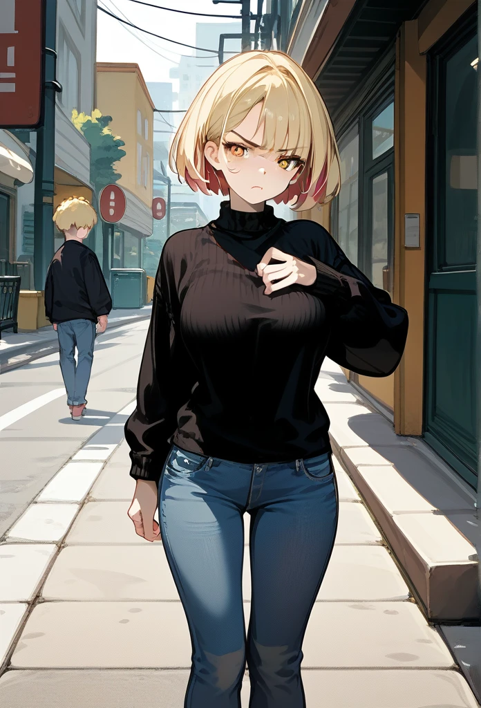 young girl, young face, hot face, golden eyes, short hair, blonde hair, annoyed expression, irritated face, mature body, curvy body, big breasts, black sweater, jeans, sidewalk, night