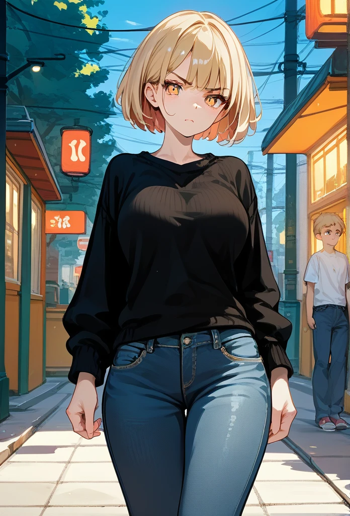 young girl, young face, hot face, golden eyes, short hair, blonde hair, annoyed expression, irritated face, mature body, curvy body, big breasts, black sweater, jeans, sidewalk, (night), puffing up chest