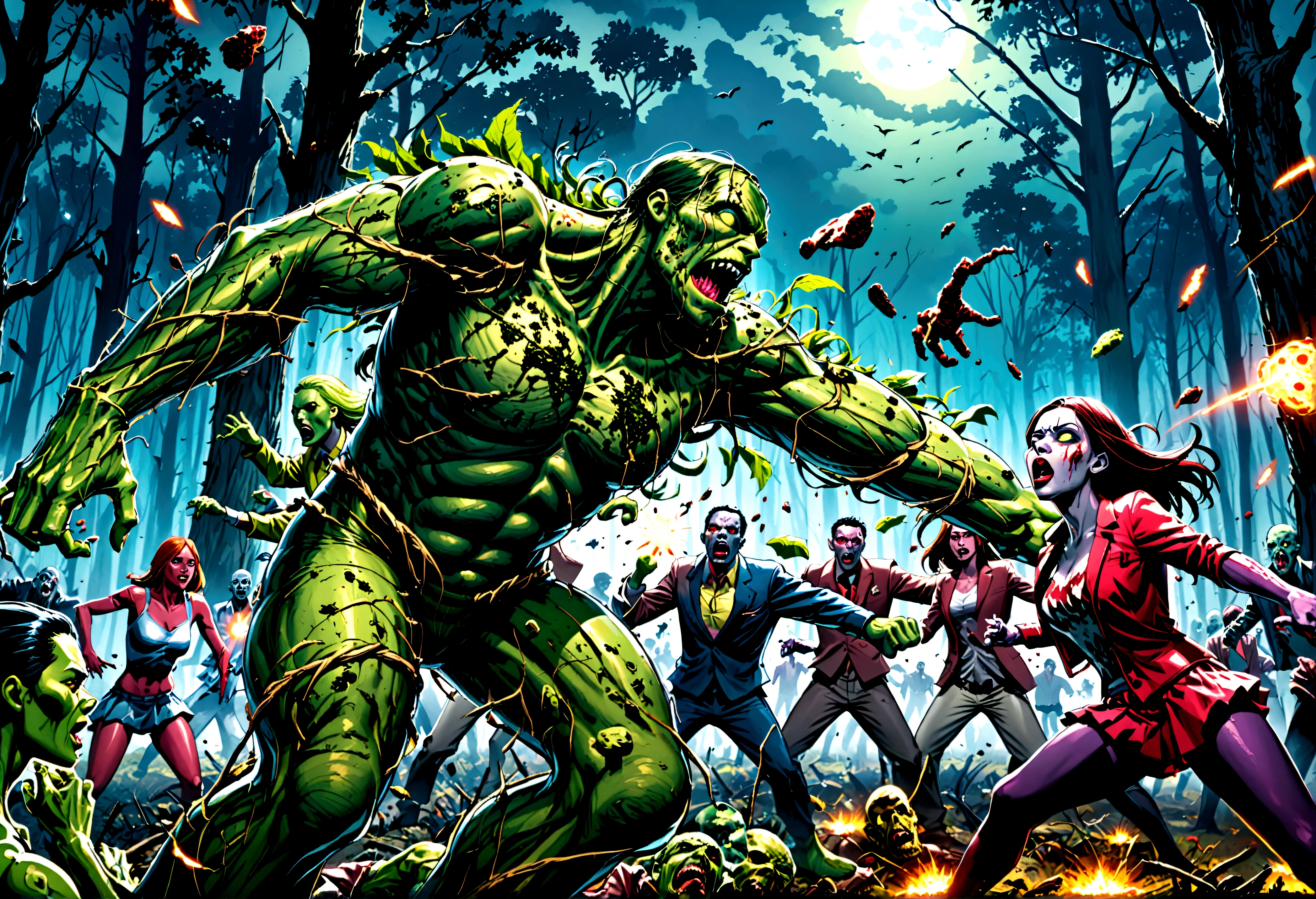 DC character Swamp Thing is in battle with a horde of Zombies. broken zombie parts flying. horror comic. night forest
