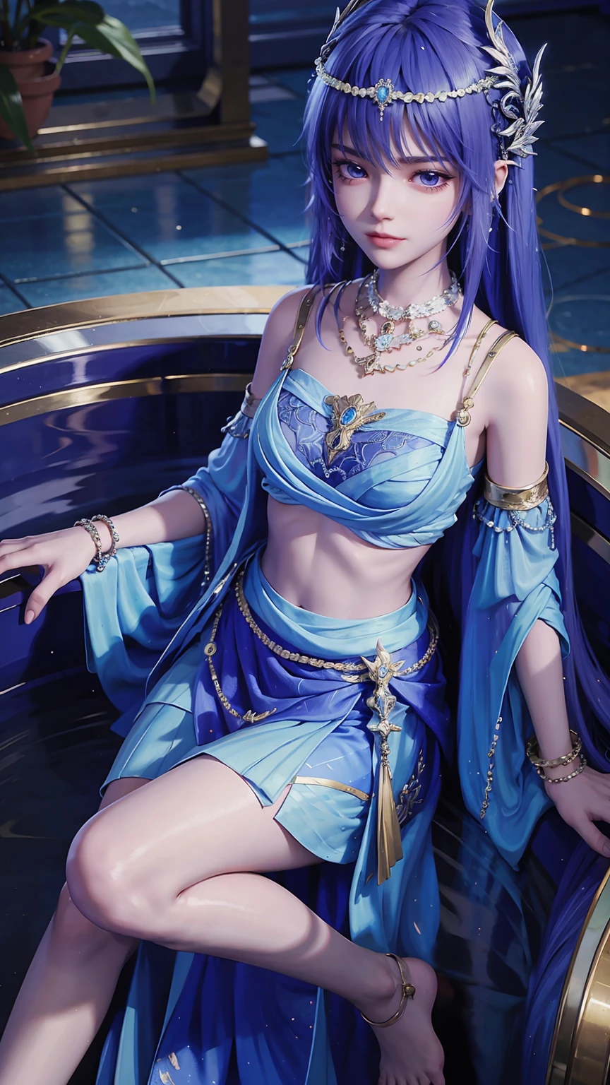 masterpiece, best quality, tthl, 1 Girl, , Solitary, Long hair:1.2, Large Breasts,, Hair accessories, skirt, Bare shoulders, Jewelry, Alternative clothing, bracelet, ear rings, 长skirt, 蕾丝skirt, bracelet, barefoot, 细barefoot, Charming smile,Cross your legs, Sitting in the bathtub, indoors, From below,camisole