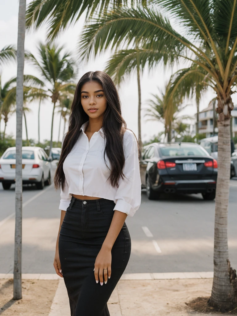 Madison Beer, her name is Jamila, high quality, 1girl, ((20-year-old fit black woman)), ((25 years old)), ((slim)), long hair, pose: standing, wearing modest classy fashionable Generation-Z modern wear bright colored, BACKGROUND: outside: beach cafe