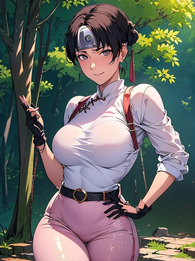 Just one girl,Best quality, 4k, high resolution, body stuck dress, perfect smile, gorgeous, light skin, ahegao face(hentai face) ,black hair,wearing head band, wears White qipao shirt with long sleeves and red edges,
Wearing Loose pink pants that reach below her knees, wearing black fingerless gloves, wearing bodystuck top(wearing long pink bloud ), clothes are stuck in body, bodyfit outfit,1 girl, solo, seductive look, elegance and charm, (masterpiece, best quality, high resolution), looking at the viewer, standing, (intricate and beautiful:1.2), (detailed light:1.2), (soft light, side light), (high resolution textures) , holding leash in hand(chain leash), outdoor, Burmese girl, wearing gorgeous jewelary, wearing harness over the outfit ,outdoor background, sun light, attractive, sexy, mature and hot, young,(masterpiece:1.3), (disorganized:1.3), (highest quality:1.3), perfect anatomy, detailed face, front view, perfect right hands, looking at viewer, (Super detailed:1.3), (best shadow:0.7), (treated hair), fine eyes, beautiful eyes, young aged woman, alone, standing, crystal earrings,closed_mouth, , outdoors,Thick thighs, arrogant face, small