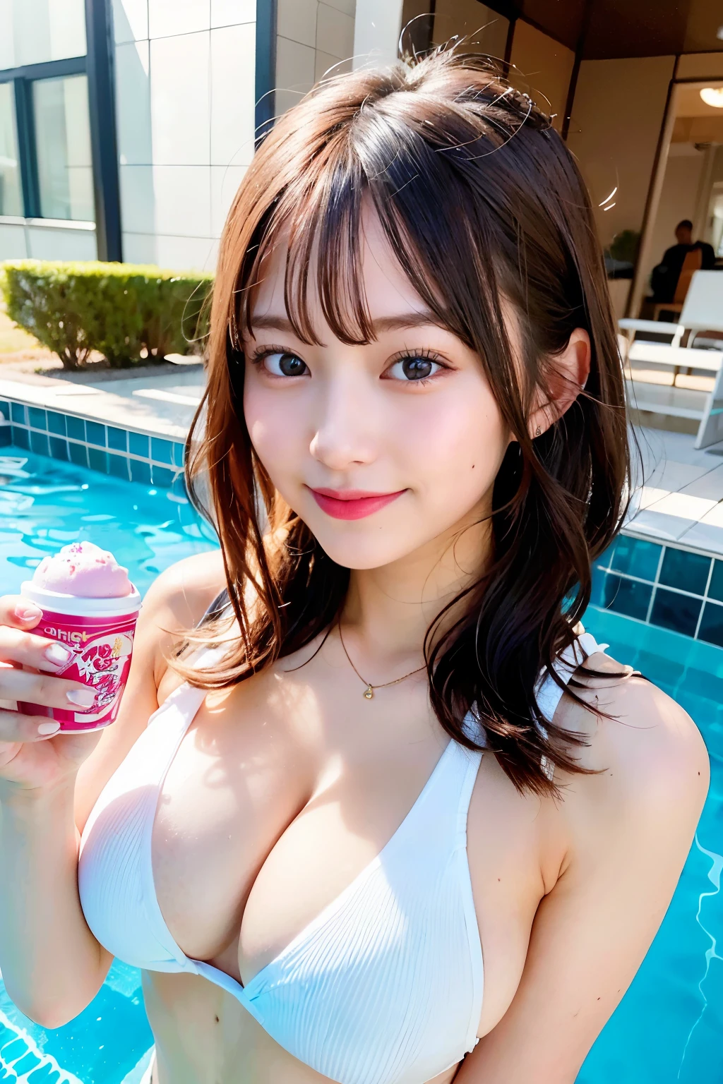 ((Highest quality)), ((masterpiece)), (detailed), One girl, sexy,Big eyes,bikini,Poolside,Japanese,20 years old,cute,hair,Large Breasts,Glowing Skin,smile,Eat ice cream
