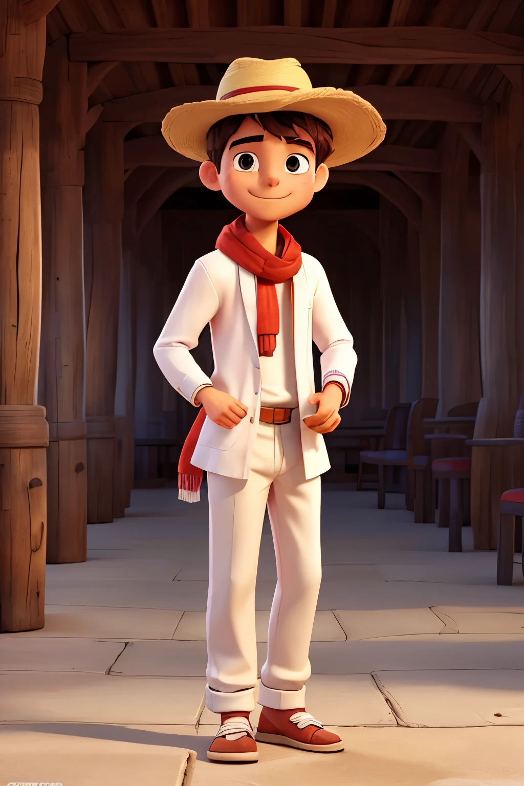 Create the cover of a male character who wears white blanket pants., white long sleeve shirt, on his neck a red scarf, a straw hat, some brown huaraches and having a drum in one hand and a flute in the other at the same time.
