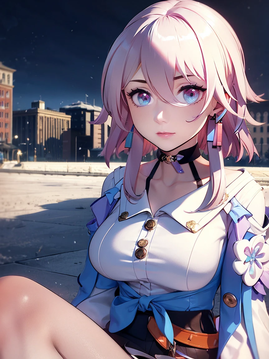 (masterpiece), best quality, Expressive eyes, Perfect face, 1 girl, solitary, March 7, blue eyes, Hair between the eyes, Medium Length Hair, Pink Eyes, Pink Hair, Two-Tone eyes,  badge, Bare legs, black necklace,  button badge,  necklace, clavicle,earrings, Floral Decoration, Gloves, Lower Bust, Smile, City, background, futuristic City, sit on the floor, Knees up, Upper Body, portrait, Looking at the audience，Large Breasts，R18，swimsuit
