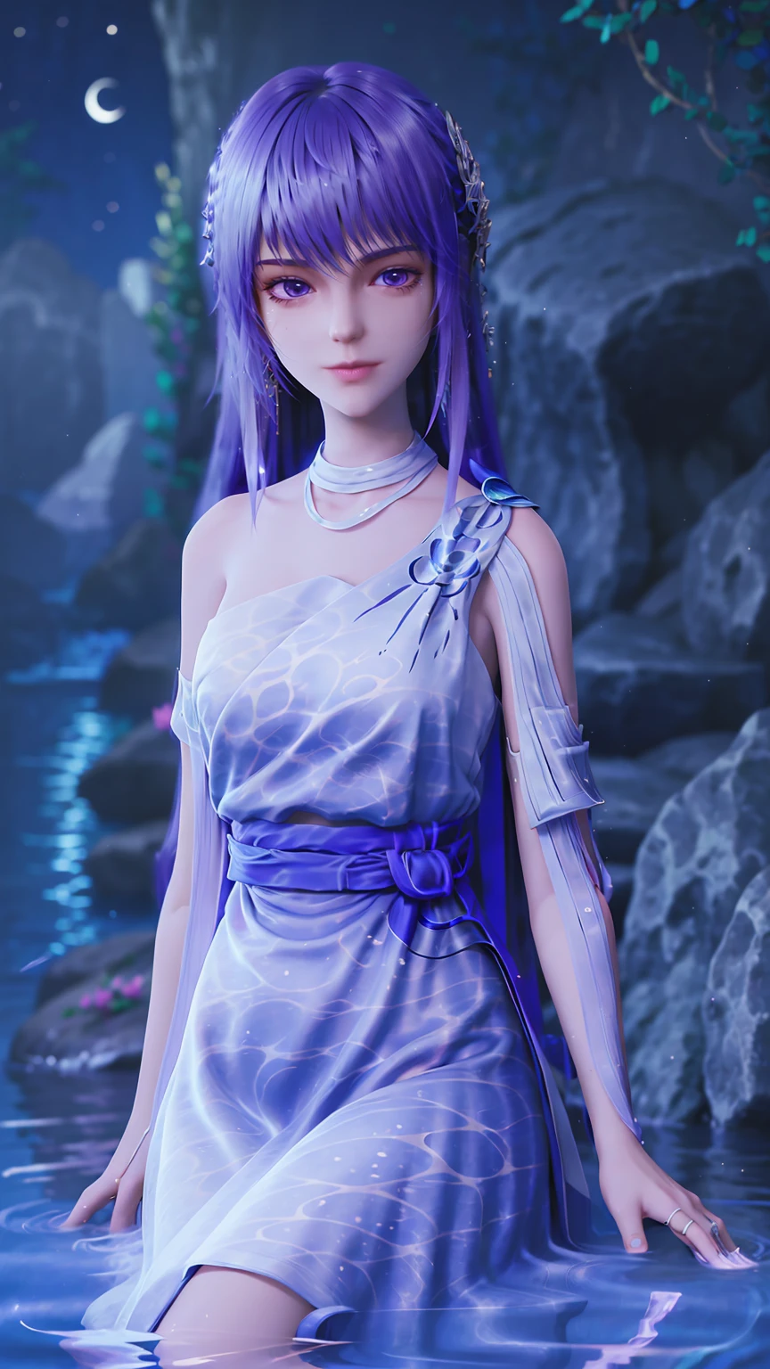 A girl,(((穿着Lilac wedding dress:1.5))),Black hair and black eyes,Brush your hair with your hands,Seven shots of characters,Professional photography,high quality,Sitting cross-legged on the water,Background on the water at night,moon,The whole body glows,(((Background is all water,Water Magic))),(((Lilac wedding dress:1.5))),Opaque clothes