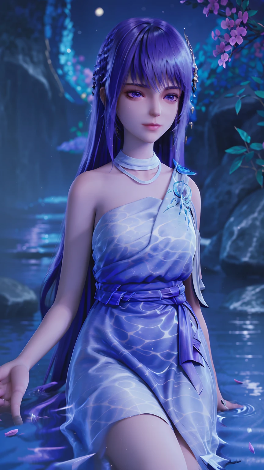 A girl,(((穿着Lilac wedding dress:1.5))),Black hair and black eyes,Brush your hair with your hands,Seven shots of characters,Professional photography,high quality,Sitting cross-legged on the water,Background on the water at night,moon,The whole body glows,(((Background is all water,Water Magic))),(((Lilac wedding dress:1.5))),Opaque clothes
