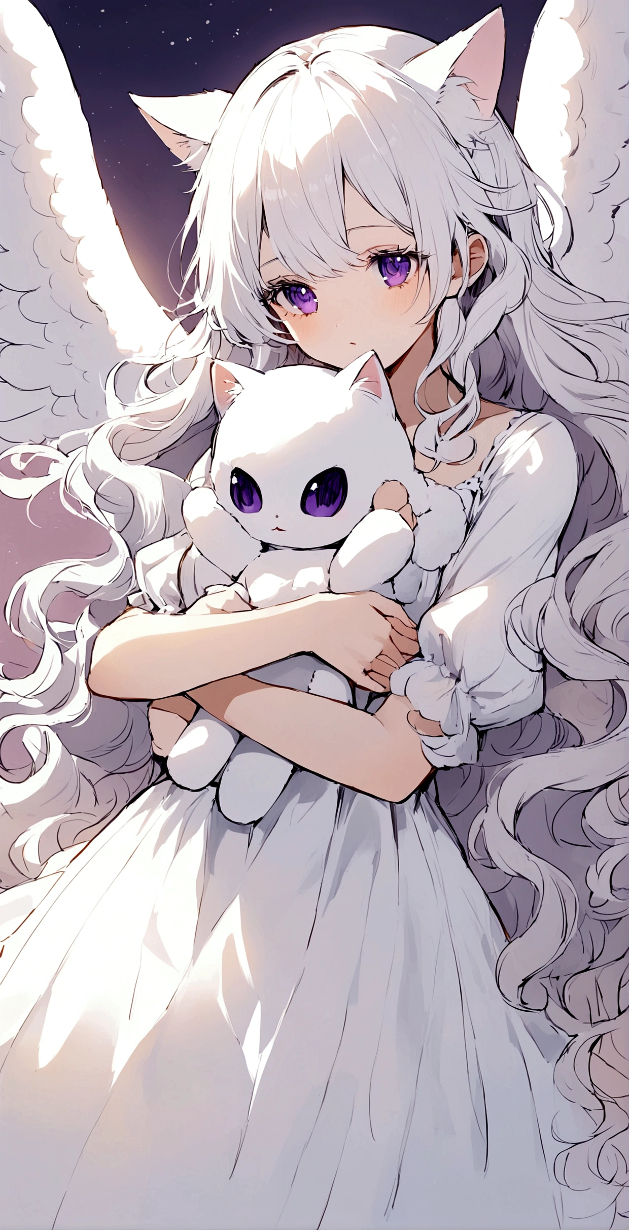Beauty,Long Wavy Hair,White hair is very attractive, Detailed and precise manual work, Attractive girl, White cat ears,Purple eyes and white eyelashes,light in your eyes,Big angel wings,Hugging the doll,delicate, A fluffy white dress like a cloud, Hand-drawn illustration,Broad background,