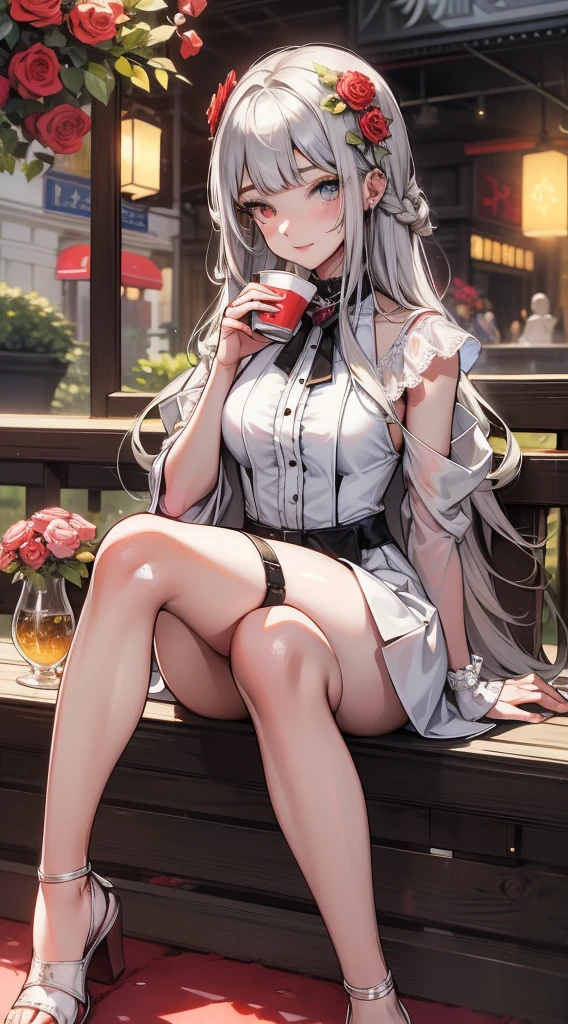 young girl,
1girl with a long straight cutted hair, silver gray straight hair, blunt bangs, straight bangs and side bangs, straight cutted bangs and side bangs,
Heterochromia, red right eye, purple left eye, smirk, princess dress, ideal sexy breasts, open breasts, Wide neckline, sitting on evening street in cafe, city evening lights, latterns, blossoming red rose and white flower trees, legs crossed, Masterpiece, hiquality, higly detailed, HD, 4k, holding cup of tea