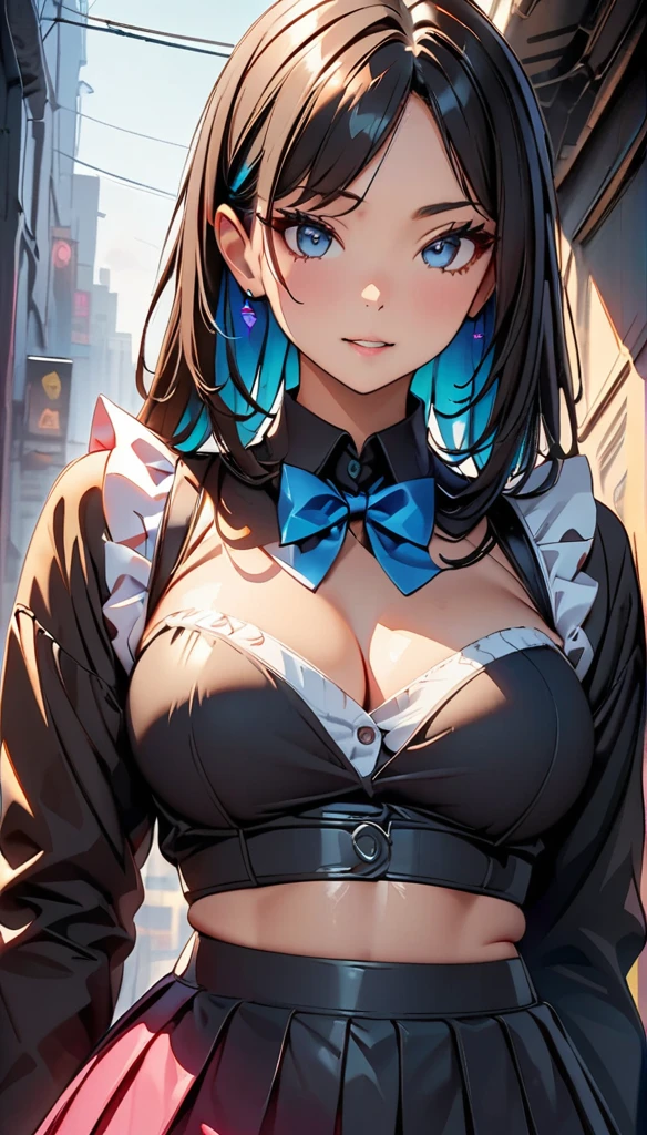 (highest quality:1.2, Very detailed, Latest, Vibrant, Super Detail, High Contrast, masterpiece:1.2, highest quality, Best aesthetics), cyberpunk maid costume,cyberpunk design,comic style,excellent body lines,well-equipped attire, amazing feminine silhouette, special operative, vibrant colors, immersive lighting