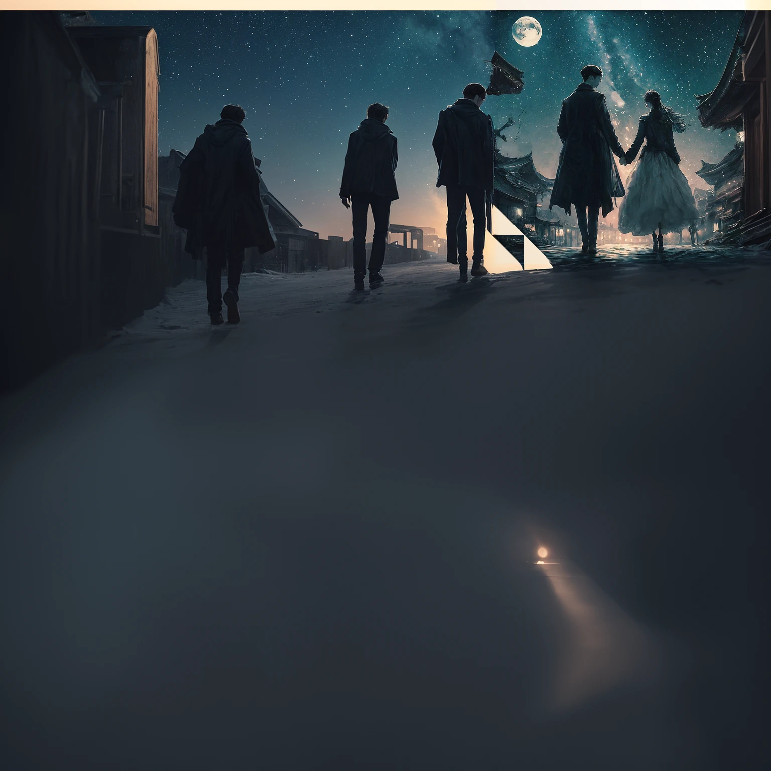 they are walking in the moonlight holding hands, guweiz, artwork in the style of guweiz, guweiz masterpiece, makoto shinkai and tom bagshaw, holding hands in the moonlight, by Yang J, guweiz on pixiv artstation, guweiz and makoto shinkai, guweiz on artstation pixiv