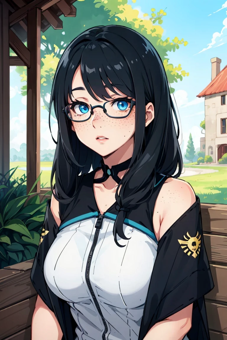 ((young adult short woman, young_face with freckles)), (glowing blue eyes), chubby, gradient (black hair), long wild hair, large round gold glasses, medium c-cup breasts, shiny skin, cutesy, outdoors, waiting, looking curious, magical