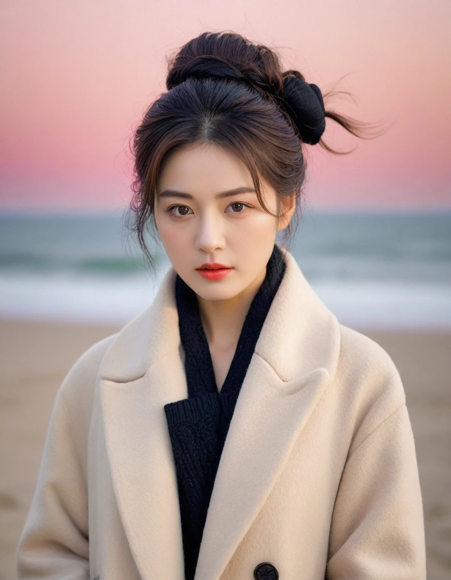 8K, 超high resolution, best quality, masterpiece, surreal, painting,A three-part method, 성숙한 1 woman, (36 years old:1.3), Pretty Woman, Cute face, Beautiful Eyes in Every Detail,japanese women ,(Wearing a long winter coat and scarf、Close-up of thin black double-sided updo:1.5)、(The woman turned around with a very sad expression., Her hair blowing in the wind on a winter beach:1.5)、(blurred background:1.5)、(red sky at sunset:1.5)、(complete anatomy:1.5)、(full hand:1.3)、(full finger:1.3)、realistic、生painting、tabletop、best quality、high resolution、delicate and beautiful、perfect face、beautiful details、fair skin、real human skin、((thin legs))、bold pose,Super cute supermodel、Please look closely at the camera 、vivid details、detailed、surreal、빛과 painting자,strong light,fashion magazine cover,thin lips, head closed on shoulders, 1 woman, full body shot, 
