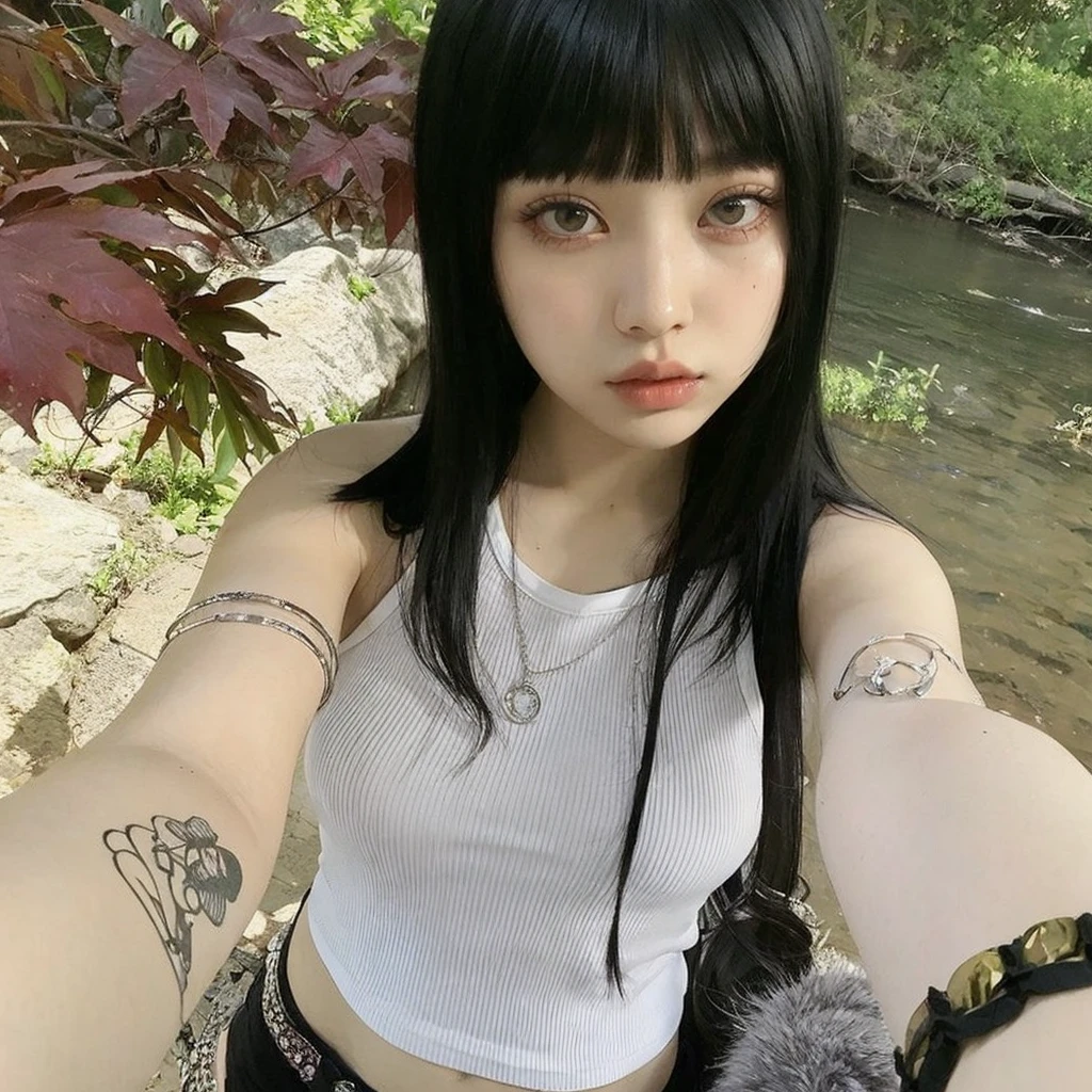 Korean ulzzang girl with long black hair with bangs. Wears a white crop top and black pants. Beautiful ulzzang girl with gothic style, soft face and pale skin.