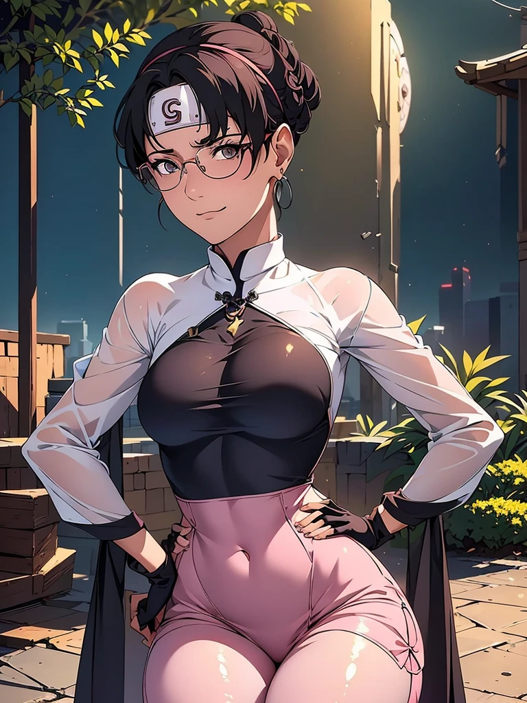 Just one girl,Best quality, 4k, high resolution, body stuck dress, perfect smile, gorgeous, light skin, ahegao face(hentai face) ,black hair,wearing head band, wears White qipao shirt with long sleeves and red edges,
Wearing Loose pink pants that reach below her knees, wearing black fingerless gloves, wearing bodystuck top(wearing long pink bloud ), clothes are stuck in body, bodyfit outfit,1 girl, solo, seductive look, elegance and charm, (masterpiece, best quality, high resolution), looking at the viewer, standing, (intricate and beautiful:1.2), (detailed light:1.2), (soft light, side light), (high resolution textures) , holding leash in hand(chain leash), outdoor, Burmese girl, wearing gorgeous jewelary, wearing harness over the outfit ,outdoor background, sun light, attractive, sexy, mature and hot, young,(masterpiece:1.3), (disorganized:1.3), (highest quality:1.3), perfect anatomy, detailed face, front view, perfect right hands, looking at viewer, (Super detailed:1.3), (best shadow:0.7), (treated hair), fine eyes, beautiful eyes, young aged woman, alone, standing, crystal earrings,closed_mouth, , outdoors,Thick thighs, arrogant face, small 