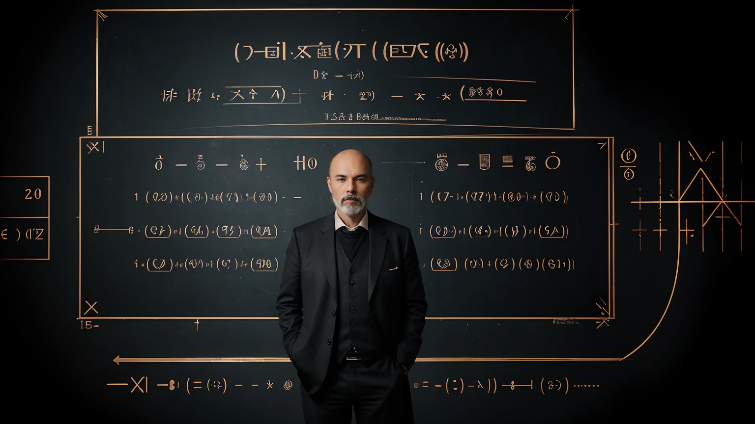 An illustration of Georg Cantor standing in front of a blackboard filled with different types of infinity symbols and mathematical sets. The background includes a series of nested sets and a visual paradox showing that no matter how large an infinity, there's always a larger one, with abstract representations of numbers between 0 and 1.
