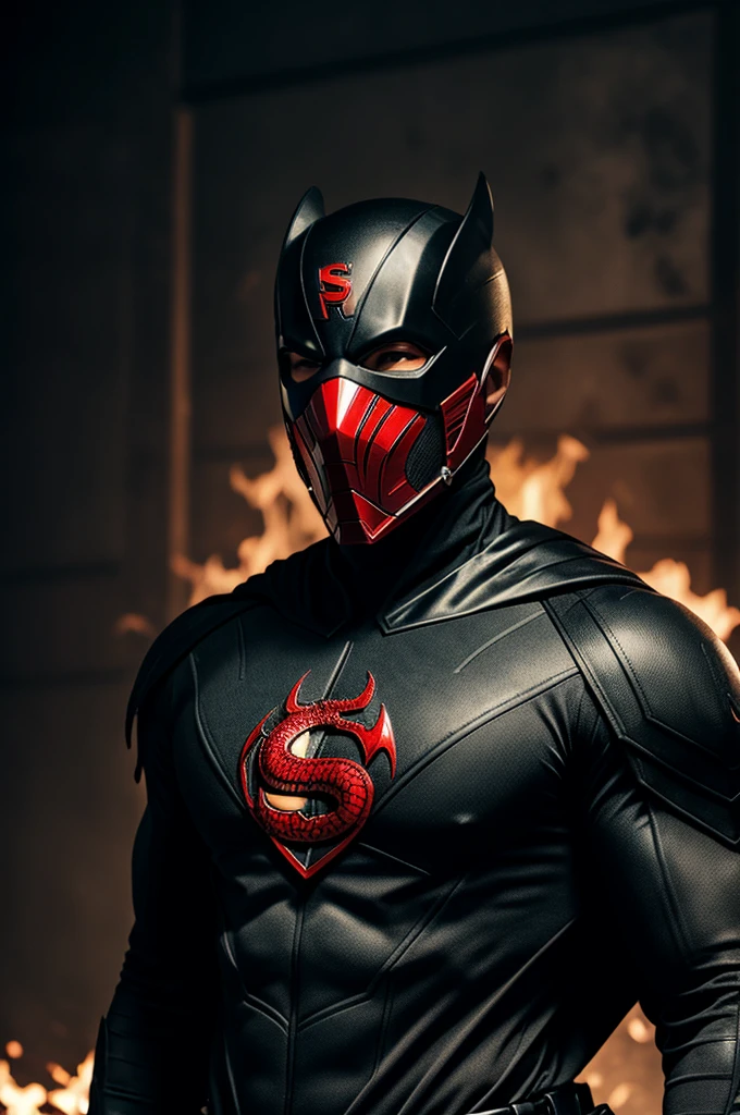 Superhero in black suit and red dragon symbol on chest with mask