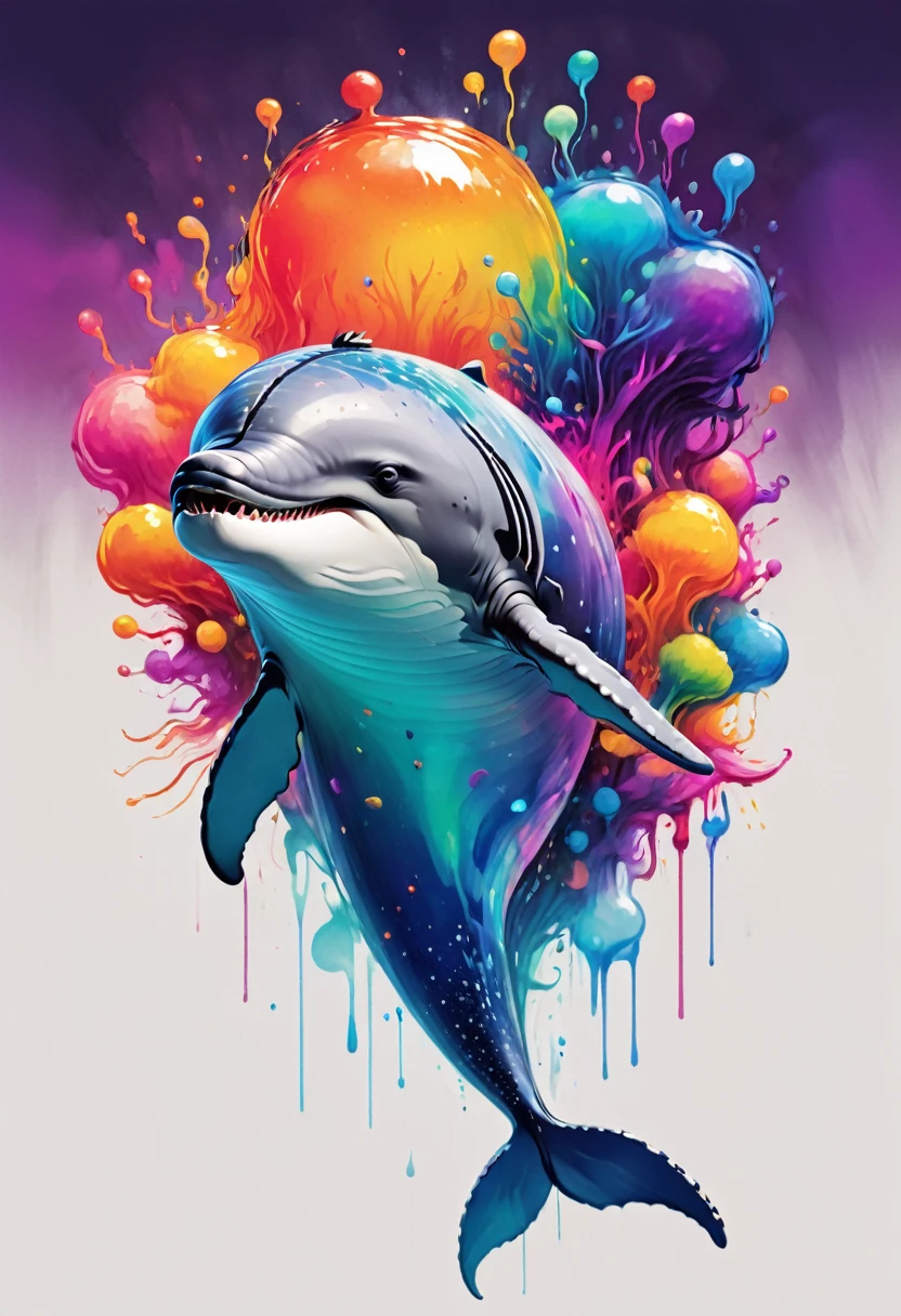 creative logo illustraton of a big grey whale surrounded by colorful gowin jelly fihes, each jelly fish is represented with a vibrant color featuring the typography ( ABYSS ), The illustration is set against a white background. The overall theme is vibrant and fantastic with a touch of digital art sketch by frank frazetta, dan mumford, carne griffith