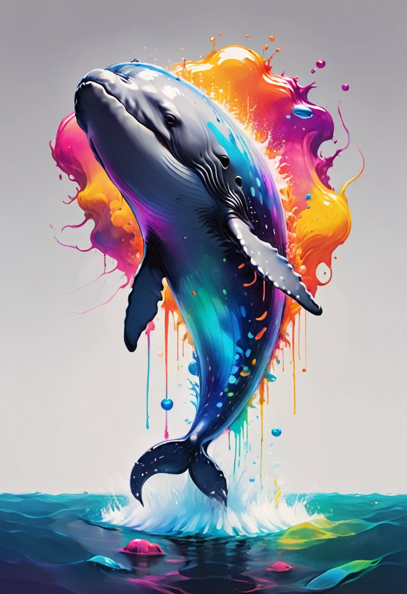 creative logo illustraton of a big grey whale surrounded by colorful gowin jelly fihes, each jelly fish is represented with a vibrant color featuring the typography ( ABYSS ), The illustration is set against a white background. The overall theme is vibrant and fantastic with a touch of digital art sketch by frank frazetta, dan mumford, carne griffith