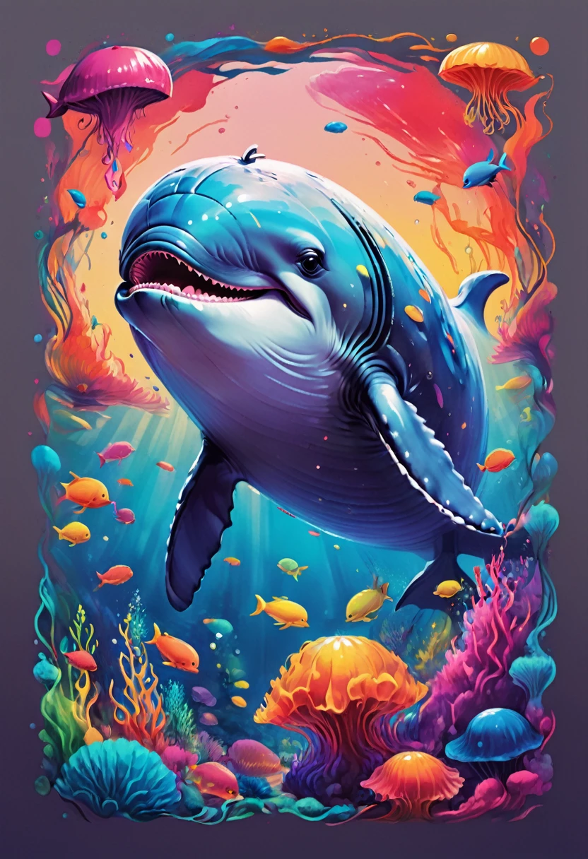 creative logo illustraton of a big grey whale surrounded by colorful gowin jelly fihes, each jelly fish is represented with a vibrant color featuring the typography ( ABYSS ), The illustration is set against a white background. The overall theme is vibrant and fantastic with a touch of digital art sketch by frank frazetta, dan mumford, carne griffith