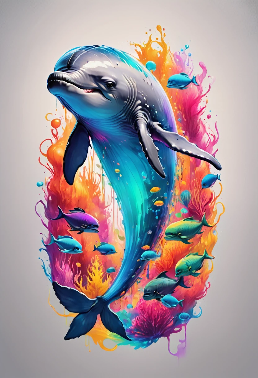 creative logo illustraton of a big grey whale surrounded by colorful gowin jelly fihes, each jelly fish is represented with a vibrant color featuring the typography ( ABYSS ), The illustration is set against a white background. The overall theme is vibrant and fantastic with a touch of digital art sketch by frank frazetta, dan mumford, carne griffith