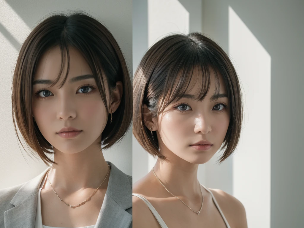 ((Highest quality, 8K, masterpiece :1.3)), 1 Girl, (Medium Short Hair :1.2),Photographed in front of a white wall、Photographed in natural light、suit、Top view、super Detailed face, Beautiful Eyes,(Highly realistic photos, High resolution, Detailed face, Beautiful Eyes)、Japanese women, Age 25, A variety of expressions, alone:1, Various Hair Styles, Casual clothing, Only one person in the photo、Photographed in natural light、Simple Necklace、Don't look at the camera、profile、Dark brown hair color