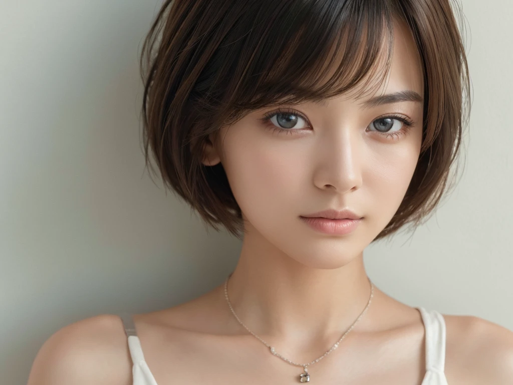 ((Highest quality, 8K, masterpiece :1.3)), 1 Girl, (Medium Short Hair :1.2),Photographed in front of a white wall、Photographed in natural light、suit、Top view、super Detailed face, Beautiful Eyes,(Highly realistic photos, High resolution, Detailed face, Beautiful Eyes)、Japanese women, Age 25, A variety of expressions, alone:1, Various Hair Styles, Casual clothing, Only one person in the photo、Photographed in natural light、Simple Necklace、Don&#39;t look at the camera、profile、Dark brown hair color